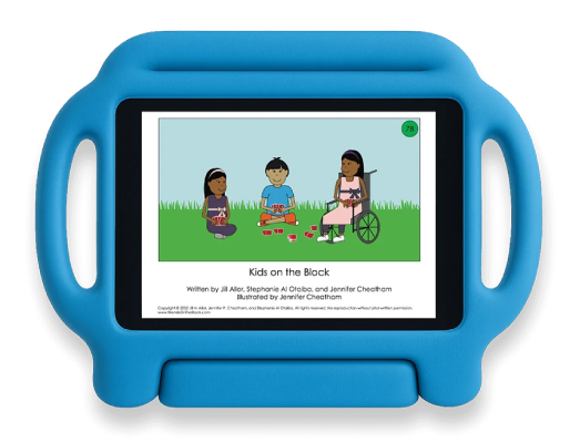 Blue tablet with a picture of three children on the screen, one of whom is sitting in a wheelchair
