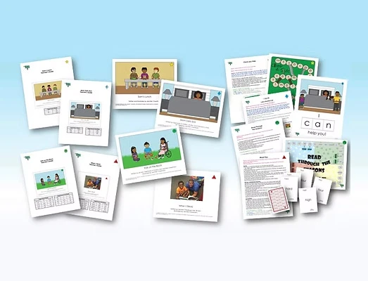 Set of cards with pictures of people on them against a blue and white background